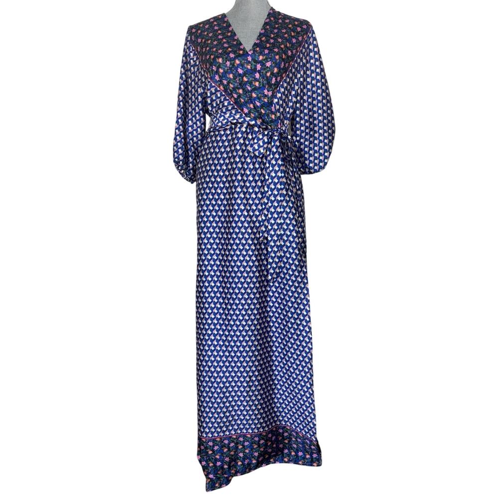 Neiman Marcus Blue Geometric Floral Faux Wrap Maxi Dress Medium Tall Dopamine